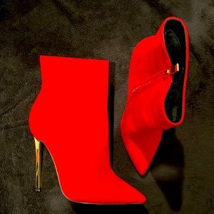 Brand New Red Stiletto booties, gold chrome 5 inch heels, handmade size 9